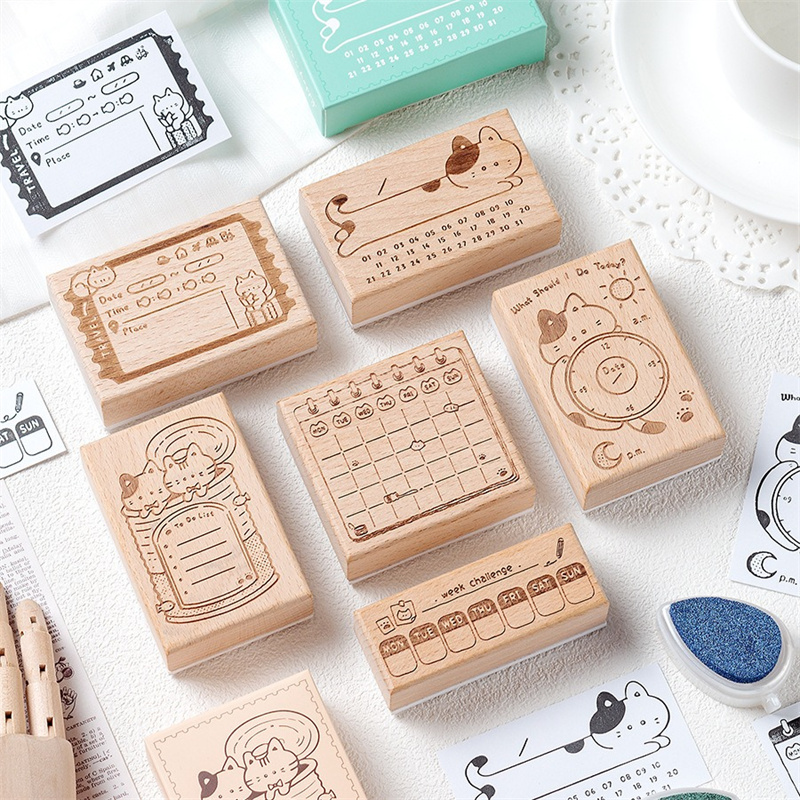 Rubber Date Stamp - Sevimli Kedi Ahşap Lastik Damga Aylık